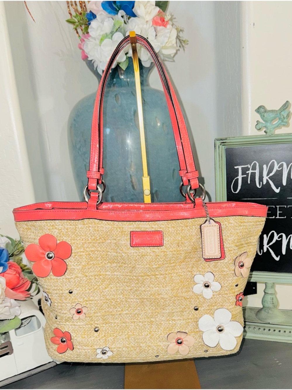 Coach Straw Leather Flower Appliqué Tote Handbag F29861 - 2013 Salmon Beige EUC